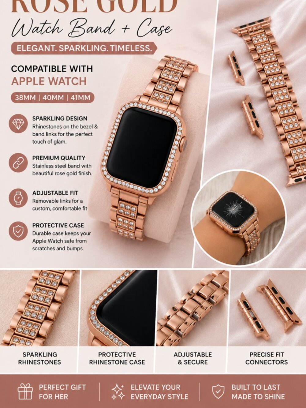 Rose Gold Rhinestone Watch Band & Protective Case 38mm 40mm 41mm